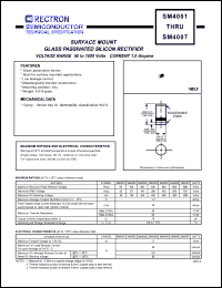 SM4002 datasheet: Surface mount glass passivated silicon rectifier. Max recurrent peak reverse voltage 100V, max RMS voltage 70V, max DC blocking voltage 100V. Max average forward recftified current 1.0A at Ta=75degC SM4002
