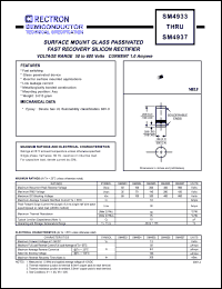 SM4935 datasheet: Surface mount glass passivated fast recovery silicon rectifier. Max recurrent peak reverse voltage 200V, max RMS voltage 140V, max DC blocking voltage 200V. Max average forward recftified current 1.0A at Ta=55degC SM4935