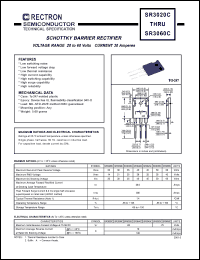 SR3060C datasheet: Schottky barrier rectifier. Max recurrent peak reverse voltage 60V, max RMS voltage 42V, max DC blocking voltage 60V. Max average forward recftified current 30.0A at derating case temperature SR3060C