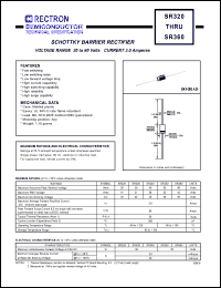 SR320 datasheet: Schottky barrier rectifier. Max recurrent peak reverse voltage 20V, max RMS voltage 14V, max DC blocking voltage 20V. Max average forward recftified current 3.0A at 9.5mm lead length. SR320
