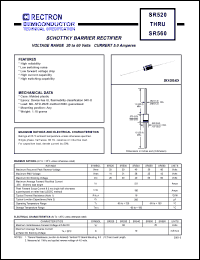 SR550 datasheet: Schottky barrier rectifier. Max recurrent peak reverse voltage 50V, max RMS voltage 35V, max DC blocking voltage 50V. Max average forward recftified current 5.0A at 9.5mm lead length. SR550