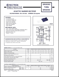 SR5050C datasheet: Schottky barrier rectifier. Max recurrent peak reverse voltage 50V, max RMS voltage 35V, max DC blocking voltage 50V. Max average forward recftified current 50.0A at derating case temperature SR5050C