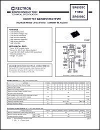 SR6020C datasheet: Schottky barrier rectifier. Max recurrent peak reverse voltage 20V, max RMS voltage 14V, max DC blocking voltage 20V. Max average forward recftified current 60.0A at derating case temperature SR6020C