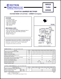 SR835 datasheet: Schottky barrier rectifier. Max recurrent peak reverse voltage 35V, max RMS voltage 25V, max DC blocking voltage 35V. Max average forward recftified current 8.0A at derating case temperature SR835