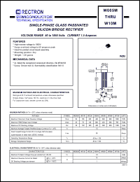 W10M datasheet: Single-phase glass passivated silicon bridge rectifier. Max recurrent peak reverse voltage 1000V, max RMS bridge input voltage 700V, max DC blocking voltage 1000V. Max average forward rectified output current 1.5A at Ta=25degC. W10M