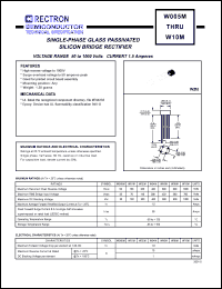 W08M datasheet: Single-phase glass passivated silicon bridge rectifier. Max recurrent peak reverse voltage 800V, max RMS bridge input voltage 560V, max DC blocking voltage 800V. Max average forward rectified output current 1.5A at Ta=25degC. W08M