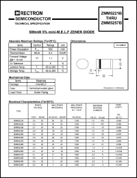 ZMM5224B datasheet: 5% zener diode. Power dissipation 500 mW. Zener voltage Vz=2.8V at Izt=20mA. ZMM5224B