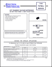 P4FMAJ7.5A datasheet: GPP transient voltage suppressor. Breakdown voltage 7.13V to 7.88V. 400W peak power, 1.0W steady stat. For bidirectional use C or CA suffixs (ex. P4FMAJ6.8C, P4FMAJ400CA) P4FMAJ7.5A