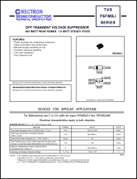 P6FMBJ8.2 datasheet: GPP transient voltage suppressor. Breakdown voltage 7.38V to 9.02V. 600W peak power, 1.0W steady stat. For bidirectional use C suffix P6FMBJ8.2