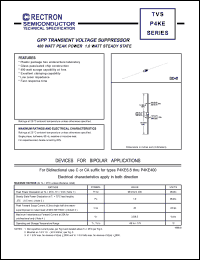 P4KE7.5 datasheet: GPP transient voltage suppressor. Breakdown voltage 6.75V to 8.25V. 400W peak power, 1.0W steady stat. For bidirectional use C suffix. P4KE7.5