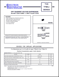 TFMAJ7.0 datasheet: GPP transient voltage suppressor. Breakdown voltage 7.78V to 9.51V. 400W peak power, 1.0W steady state. For bidirectional use C suffix. TFMAJ7.0