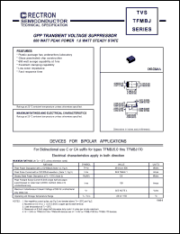TFMBJ7.0A datasheet: GPP transient voltage suppressor. Breakdown voltage 7.78V to 8.86V. 600W peak power, 1.0W steady state. For bidirectional use CA suffix. TFMBJ7.0A