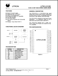 UT61L5128MC-15 datasheet: Access time: 15 ns, 512 K x 8 Bit high speed CMOS SRAM UT61L5128MC-15