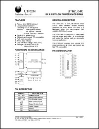 UT62L64CPC-35L datasheet: Access time: 35 ns, 8 K x 8 Bit low power CMOS SRAM UT62L64CPC-35L