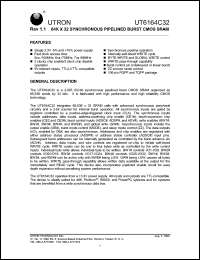 UT6164C32Q-6 datasheet: Access time: 6 ns, 64 K x 32 Bit synchronous pipelined burst CMOS SRAM UT6164C32Q-6