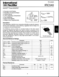 IRC540 datasheet: HEXFET power MOSFET. Continuous drain current 28A @ Tc=25degC, Vgs=10V. Drain-to-source breakdown voltage 100V. Drain-to-source on-resistance 0.077Ohm IRC540