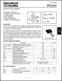 IRC644 datasheet: HEXFET power MOSFET. Continuous drain current 14A @ Tc=25degC, Vgs=10V. Drain-to-source breakdown voltage 250V. Drain-to-source on-resistance 0.28 Ohm IRC644