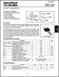 IRC730 datasheet: HEXFET power MOSFET. Continuous drain current 5.5A @ Tc=25degC, Vgs=10V. Drain-to-source breakdown voltage 400V. Drain-to-source on-resistance 1.0 Ohm IRC730