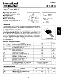 IRC830 datasheet: HEXFET power MOSFET. Continuous drain current 4.5A @ Tc=25degC, Vgs=10V. Drain-to-source breakdown voltage 500V. Drain-to-source on-resistance 1.5 Ohm IRC830