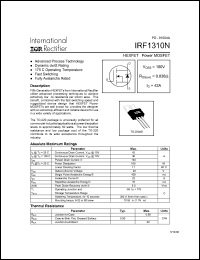IRF1310N datasheet: HEXFET power MOSFET. VDSS = 100V, RDS(on) = 0.036 Ohm, ID = 42A. IRF1310N