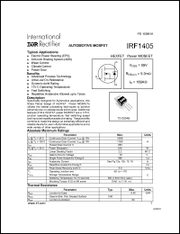 IRF1405 datasheet: HEXFET power MOSFET. VDSS = 55V, RDS(on) = 5.3 mOhm, ID = 169A. IRF1405