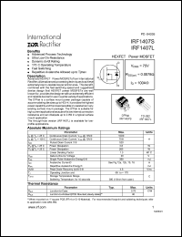 IRF1407S datasheet: HEXFET power MOSFET. VDSS = 75V, RDS(on) = 0.0078 Ohm, ID = 100A. IRF1407S