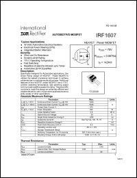 IRF1607 datasheet: HEXFET power MOSFET. VDSS = 75V, RDS(on) = 0.0075 Ohm, ID = 142A. IRF1607