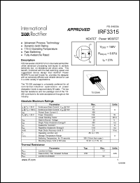 IRF3315 datasheet: HEXFET power MOSFET. VDSS = 150V, RDS(on) = 0.07 Ohm, ID = 27A IRF3315