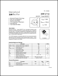 IRF3710 datasheet: HEXFET power MOSFET. VDSS = 100V, RDS(on) = 23 mOhm, ID = 57A IRF3710