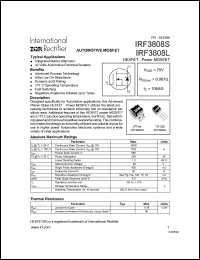 IRF3808L datasheet: HEXFET power MOSFET. VDSS = 75V, RDS(on) = 0.007 Ohm, ID = 106A IRF3808L