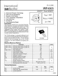 IRF4905 datasheet: HEXFET power MOSFET. VDSS = -55V, RDS(on) = 0.02 Ohm, ID = -74A IRF4905