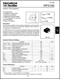 IRF510S datasheet: HEXFET power MOSFET. VDSS = 100V, RDS(on) = 0.54 Ohm, ID = 5.6A IRF510S