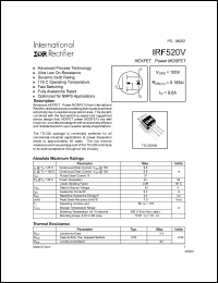 IRF520V datasheet: HEXFET power MOSFET. VDSS = 100V, RDS(on) = 0.165 Ohm, ID = 9.6A IRF520V