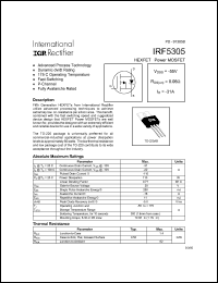 IRF5305 datasheet: HEXFET power MOSFET. VDSS = -55V, RDS(on) = 0.06 Ohm, ID = -31A IRF5305