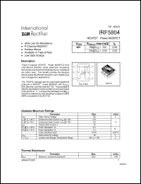 IRF5804 datasheet: HEXFET power MOSFET.  VDSS = -40V, RDS(on) = 198 mOhm, ID = -2.5A @ VGS = -10V, RDS(on) = 334 mOhm, ID = -2.0A @ VGS = -4.5V IRF5804