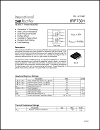 IRF7301 datasheet: HEXFET power MOSFET.  VDSS = 20V, RDS(on) = 0.050 Ohm. IRF7301