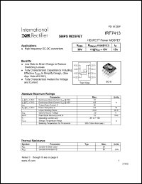 IRF7413 datasheet: HEXFET power MOSFET.  VDSS = 30V, RDS(on) = 11 mOhm @ VGS = 10V, ID = 12A. IRF7413