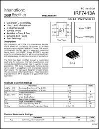 IRF7413A datasheet: HEXFET power MOSFET.  VDSS = 30V, RDS(on) = 0.0135 Ohm. IRF7413A