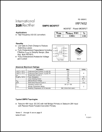 IRF7452 datasheet: HEXFET power MOSFET.  VDSS = 100V, RDS(on) = 0.060 Ohm. ID = 4.5A IRF7452