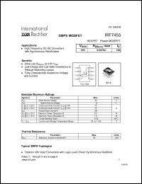 IRF7455 datasheet: HEXFET power MOSFET.  VDSS = 30V, RDS(on) = 0.0075 Ohm,, ID = 15A IRF7455