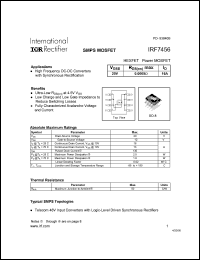 IRF7456 datasheet: HEXFET power MOSFET.  VDSS = 20V, RDS(on) = 0.0065 Ohm,, ID = 16A IRF7456