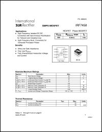 IRF7458 datasheet: HEXFET power MOSFET.  VDSS = 30V, RDS(on) = 8.0 mOhm,, ID = 14A IRF7458