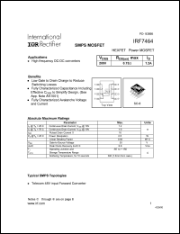 IRF7464 datasheet: HEXFET power MOSFET.  VDSS = 200V, RDS(on) = 0.73 Ohm, ID = 1.2A IRF7464