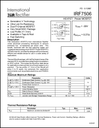 IRF7506 datasheet: HEXFET power MOSFET.  VDSS = -30V, RDS(on) = 0.27 Ohm IRF7506