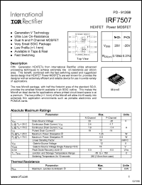 IRF7507 datasheet: HEXFET power MOSFET.  VDSS = 20V, RDS(on) = 0.135 Ohm @ N-Ch. VDSS = -20V, RDS (on) = 0.27 Ohm @ P-Ch. IRF7507