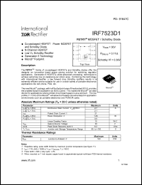 IRF7523D1 datasheet: FETKY MOSFET and schottky diode.  VDSS = 30V, RDS(on) = 0.11 Ohm, schottky Vf = 039V. IRF7523D1