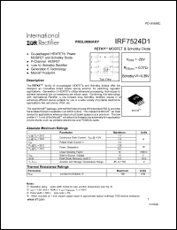 IRF7524D1 datasheet: FETKY MOSFET and schottky diode.  VDSS = -20V, RDS(on) = 0.27 Ohm, schottky Vf = 039V. IRF7524D1