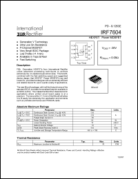 IRF7604 datasheet: HEXFET power MOSFET. VDSS = -20V, RDS(on) = 0.09 Ohm. IRF7604