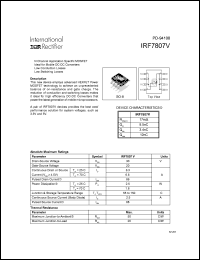 IRF7807V datasheet: FETKY MOSFET and schottky diode. VDS = 30V, RDS(on) =17mOhm IRF7807V