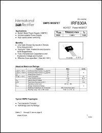 IRF830A datasheet: HEXFET power MOSFET. VDS = 500V, RDS(on) = 1.40 Ohm , ID = 5.0A IRF830A